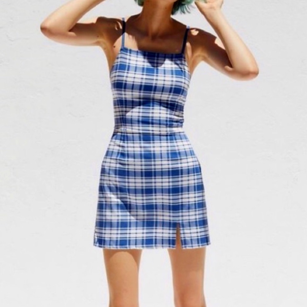 Urban Outfitt Strappy Back Bodycon Mini Dress Blue Plaid M